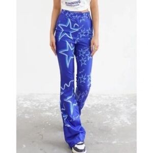 Blue Star Print High-Waist Pants